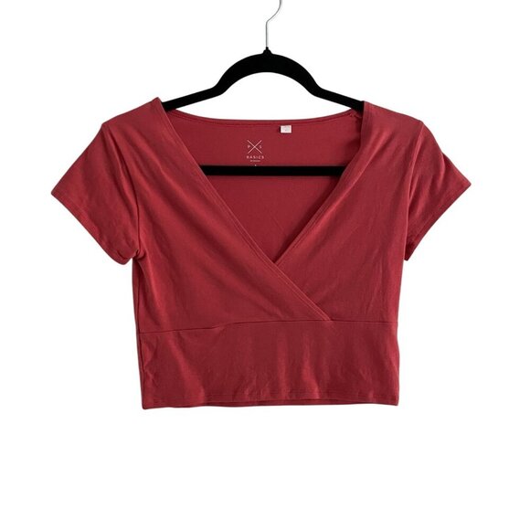 Pacsun Basics Women S Red Casual Short Sleeve V-Neck Surplice Wrap Crop T-Shirt - Picture 1 of 8